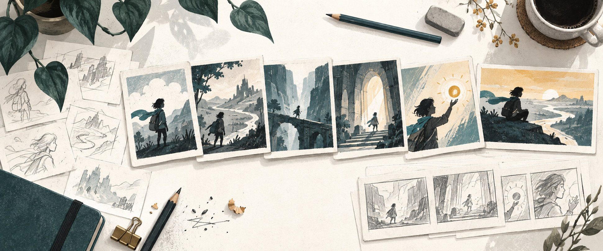 Des esquisses deviennent un beatboard illustré ; quelques moments sont développés en storyboard.